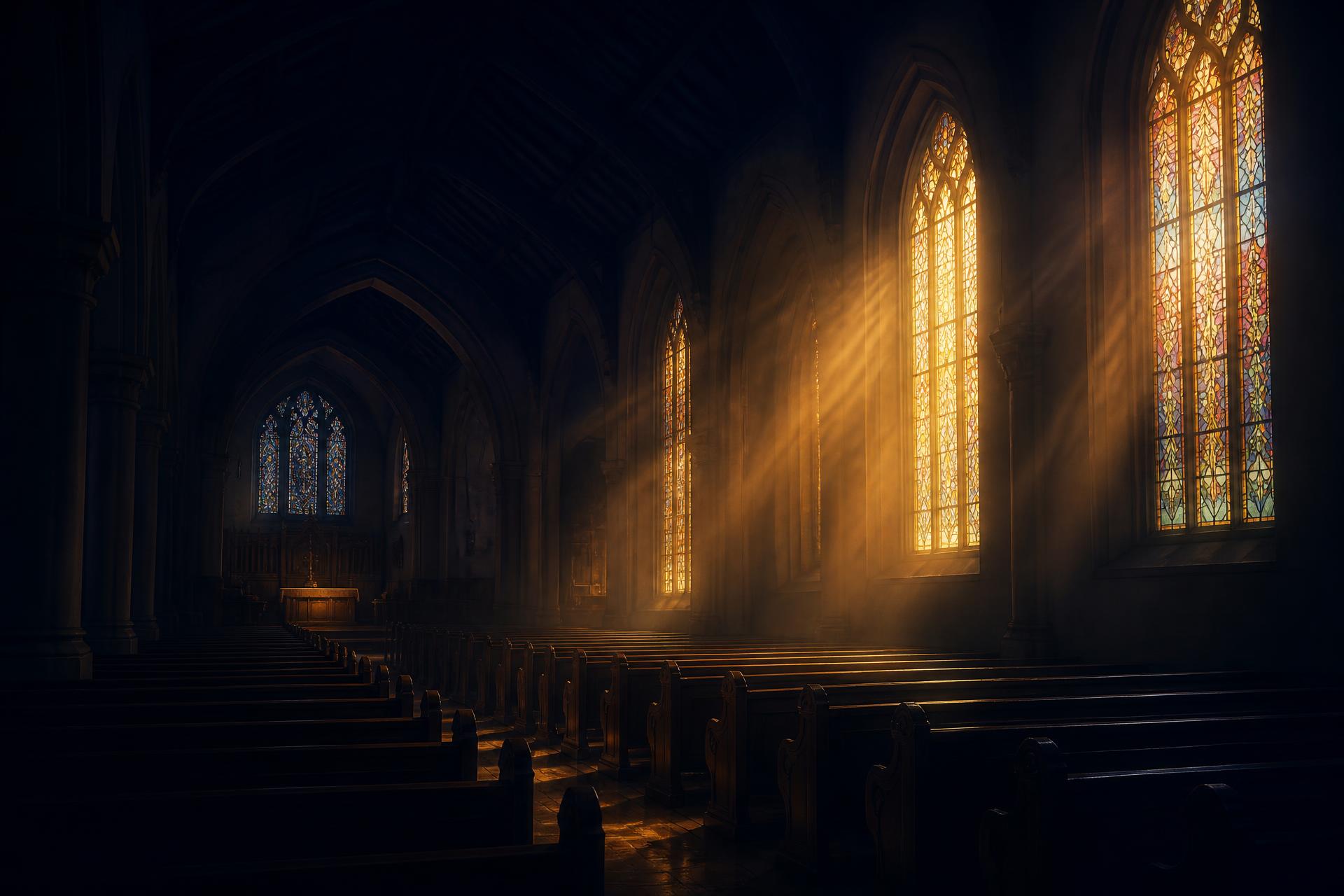 Luz da manhã entrando pelos vitrais de uma igreja